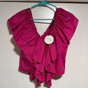 Pink Ruched Ruffled Tie Front Blouse